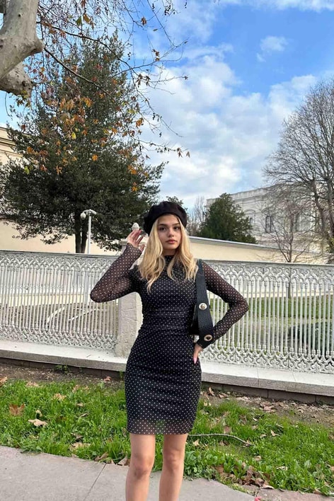 Mini Puantiye Tül Elbise Siyah