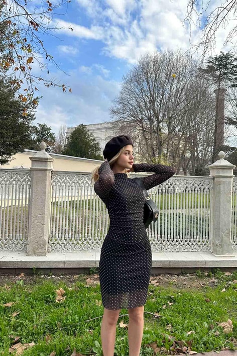 Mini Puantiye Tül Elbise Siyah