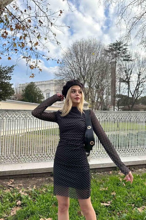 Mini Puantiye Tül Elbise Siyah