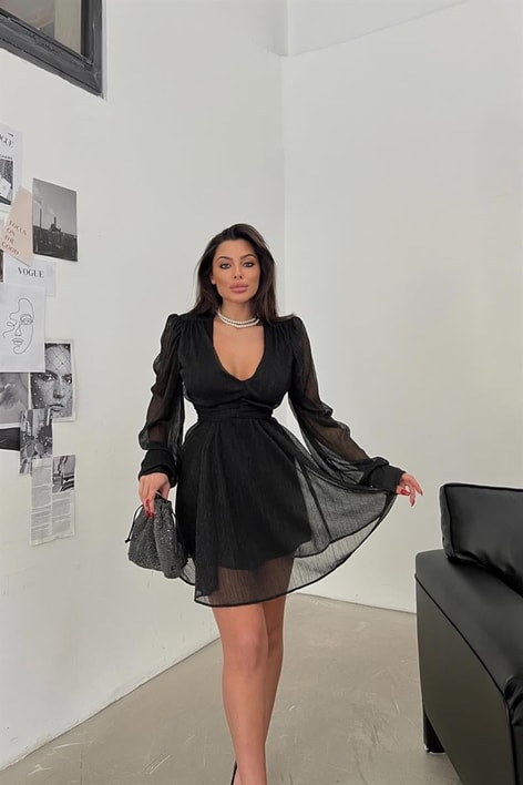 Omuz Detay Işıltılı Elbise Siyah