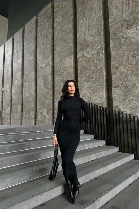 Omuz Drapeli Maxi Elbise Siyah