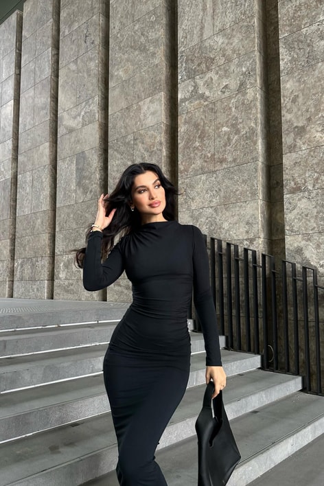 Omuz Drapeli Maxi Elbise Siyah