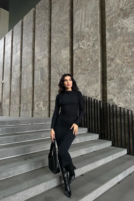 Omuz Drapeli Maxi Elbise Siyah