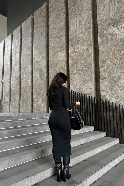 Omuz Drapeli Maxi Elbise Siyah