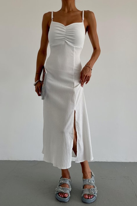 Ön Büzgülü Krinkıl Elbise Ekru