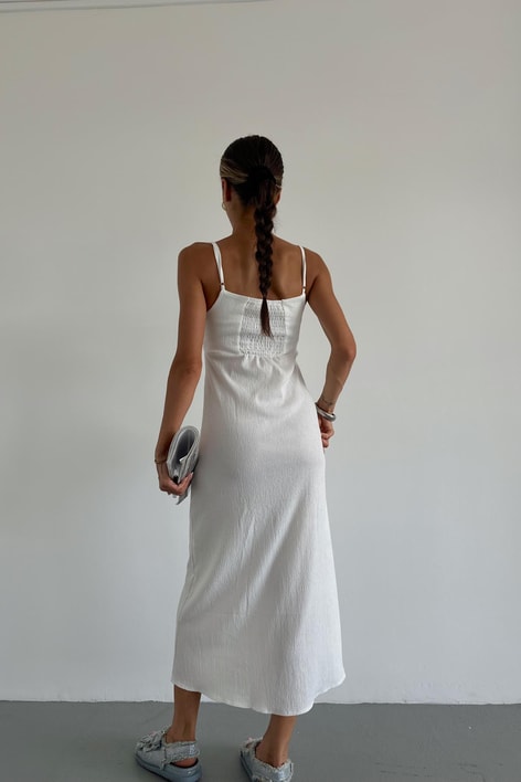 Ön Büzgülü Krinkıl Elbise Ekru