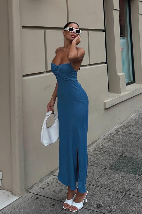 Ön Büzgülü Krinkıl Elbise İndigo