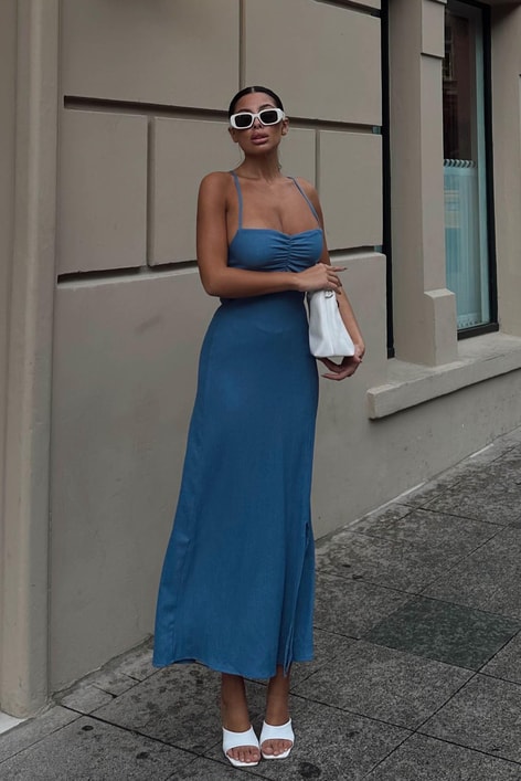 Ön Büzgülü Krinkıl Elbise İndigo