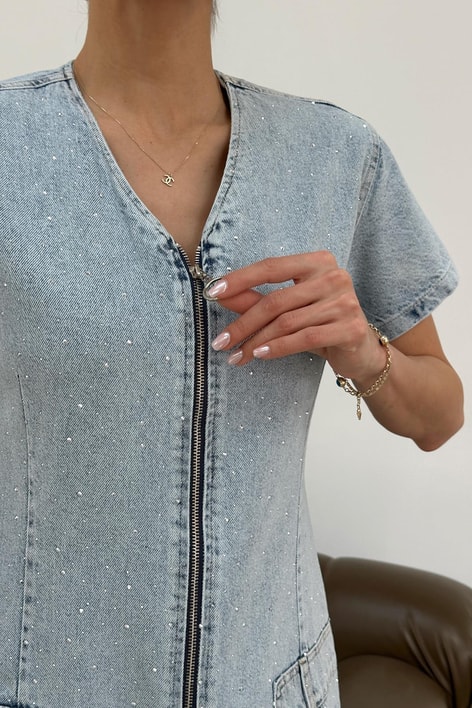 Ön Fermuarlı Mini Denim Elbise Buz Mavi
