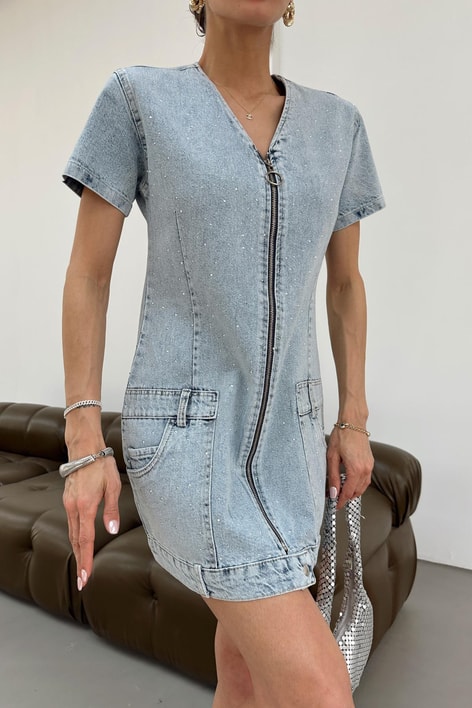 Ön Fermuarlı Mini Denim Elbise Buz Mavi