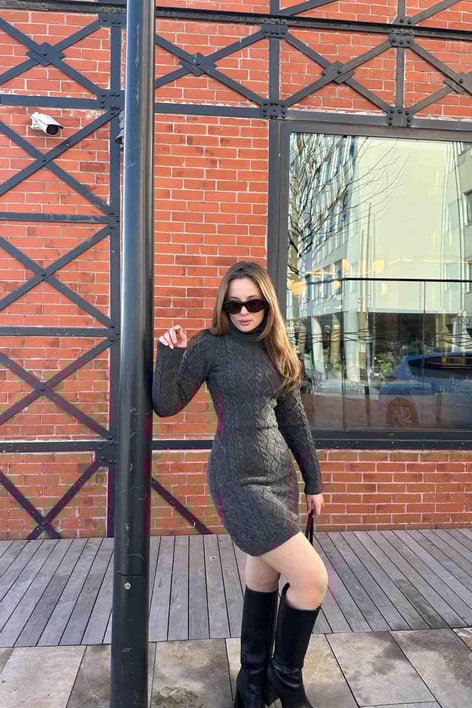 Örme Balıkcı Triko Elbise Antrasit