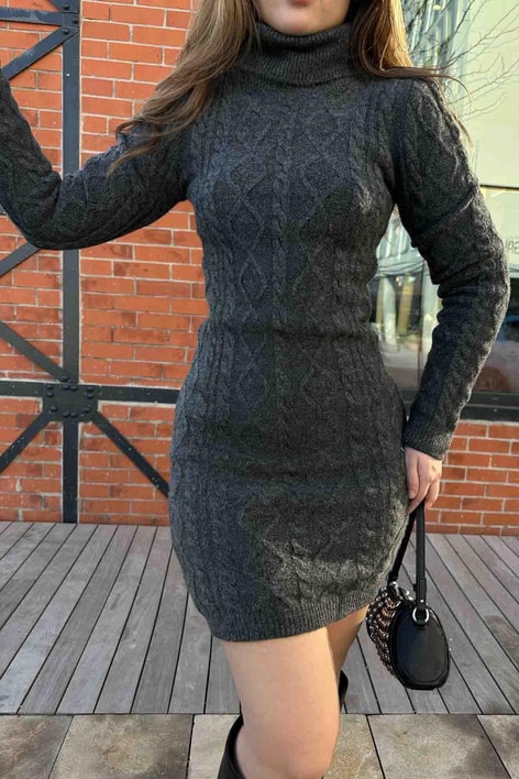 Örme Balıkcı Triko Elbise Antrasit