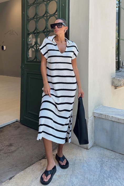 Polo Yaka Line Triko Elbise Ekru