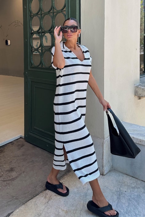 Polo Yaka Line Triko Elbise Ekru