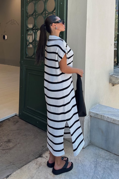 Polo Yaka Line Triko Elbise Ekru