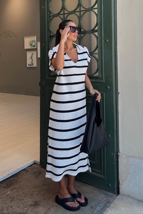 Polo Yaka Line Triko Elbise Ekru