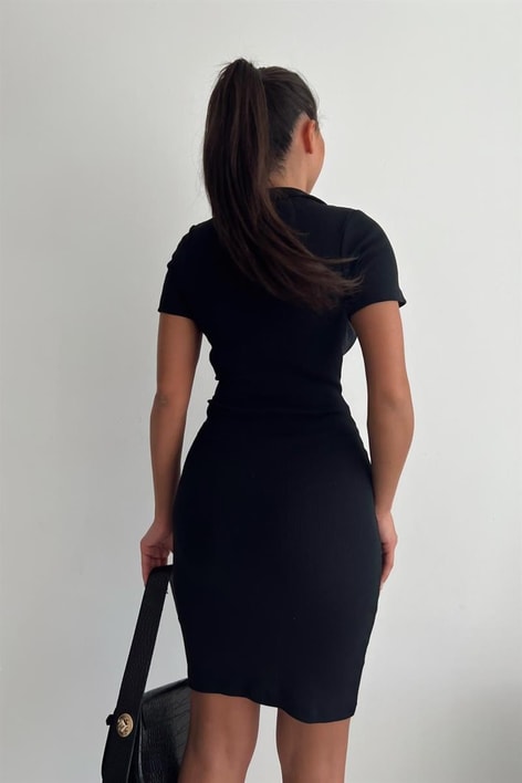 Polo Yaka Midi Elbise Siyah