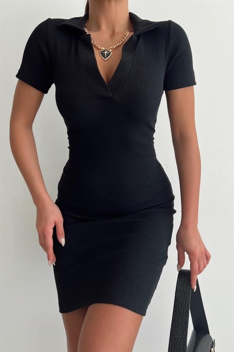 Polo Yaka Midi Elbise Siyah
