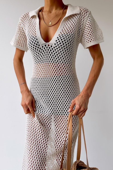 Polo Yaka Örme Elbise Krem