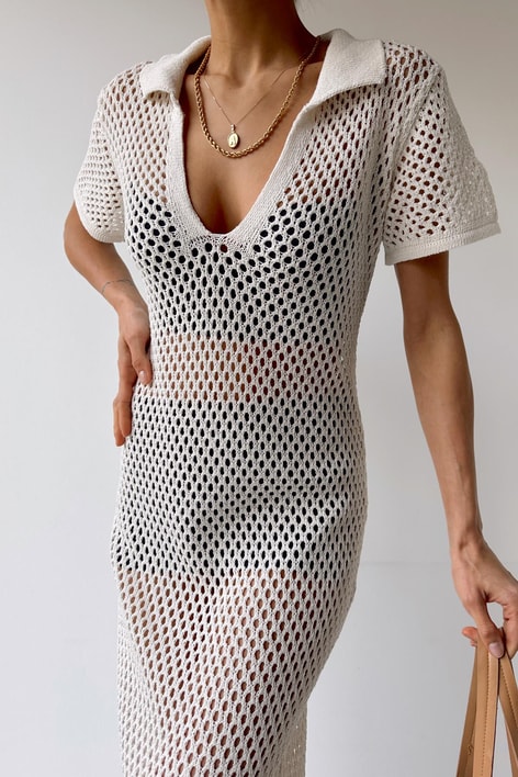 Polo Yaka Örme Elbise Krem