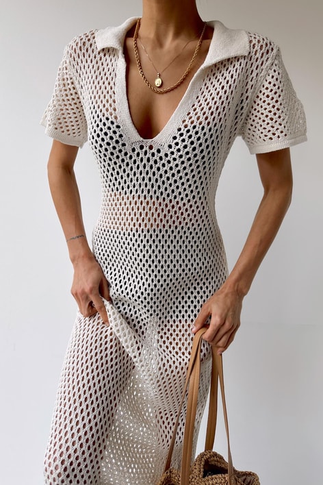 Polo Yaka Örme Elbise Krem