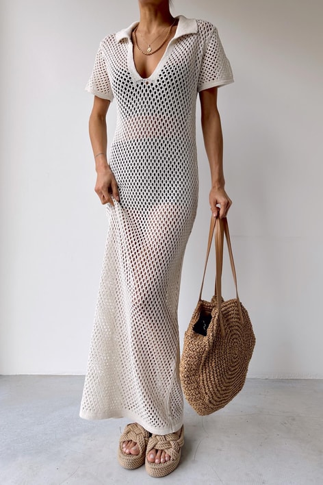 Polo Yaka Örme Elbise Krem