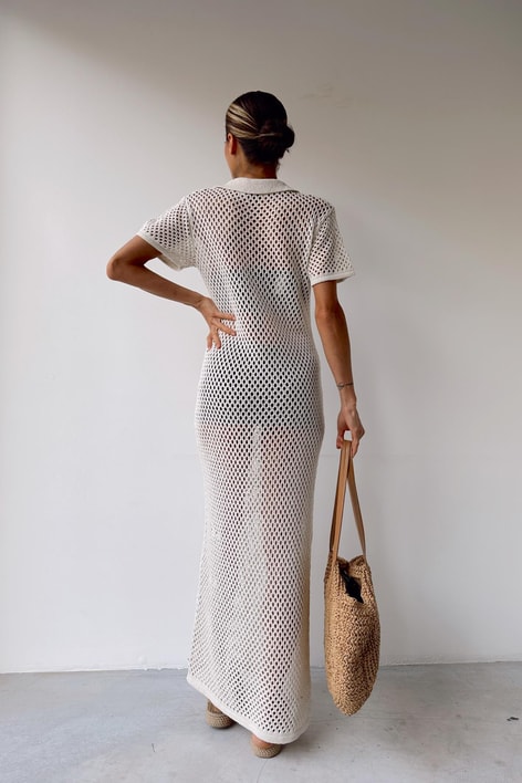 Polo Yaka Örme Elbise Krem