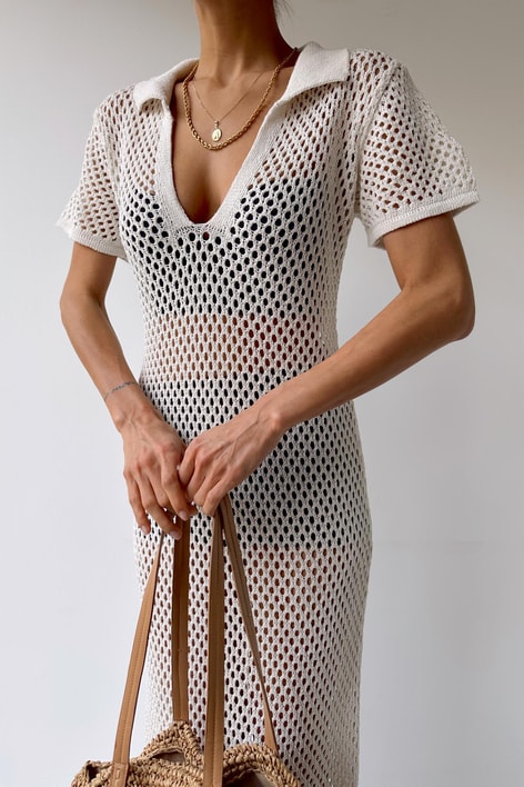 Polo Yaka Örme Elbise Krem