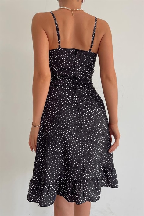 Puantiye Fiyonk Detay Elbise Siyah