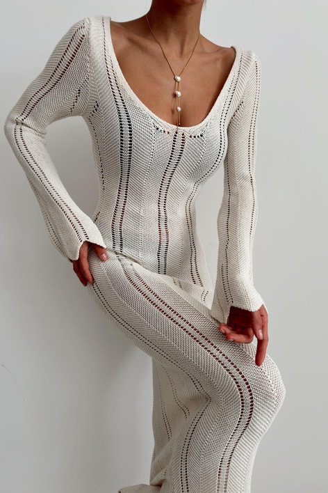 Romantik Ajur Elbise Ekru