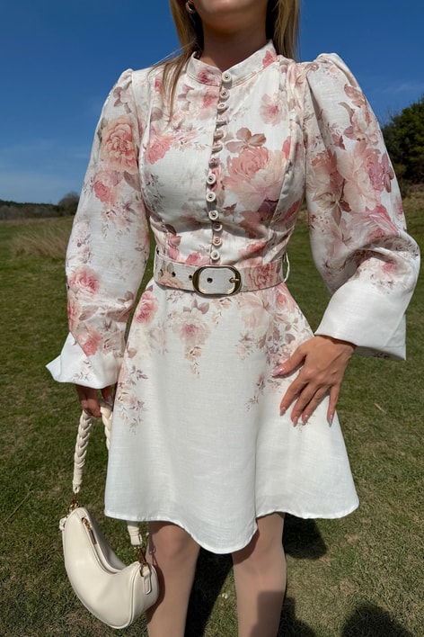 Rose Kemerli Elbise Krem