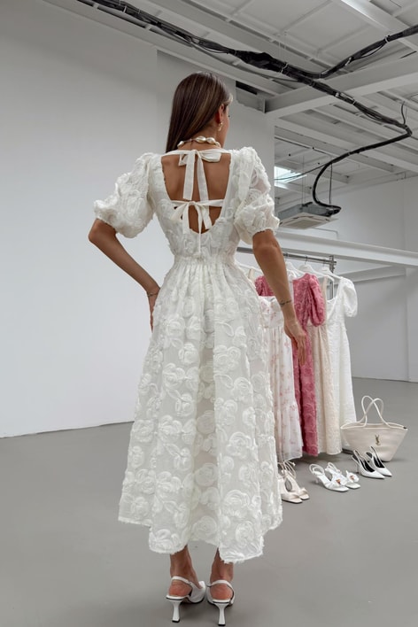 Rose Midi Elbise Beyaz