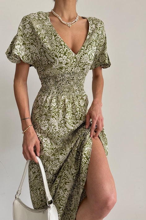 Şal Desen Tiril Elbise Yeşil