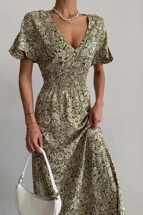 Şal Desen Tiril Elbise Yeşil