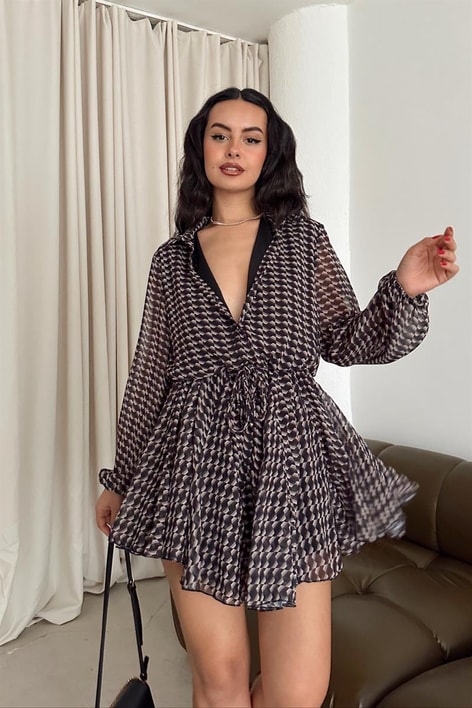 Sarmal Desen Kemerli Elbise Kahverengi