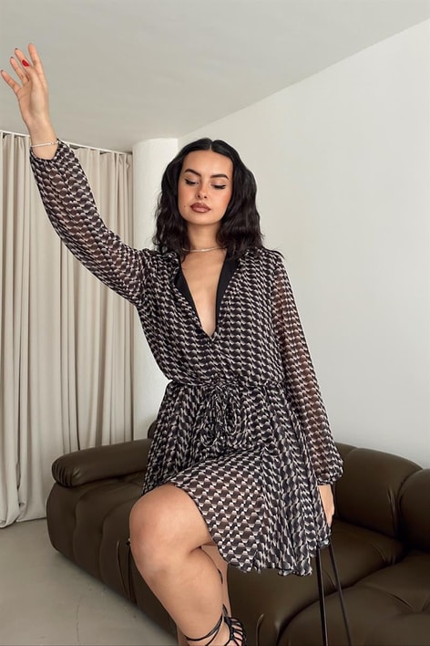 Sarmal Desen Kemerli Elbise Kahverengi