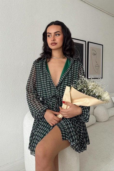 Sarmal Desen Kemerli Elbise Yeşil