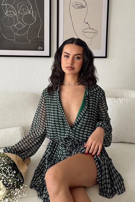 Sarmal Desen Kemerli Elbise Yeşil