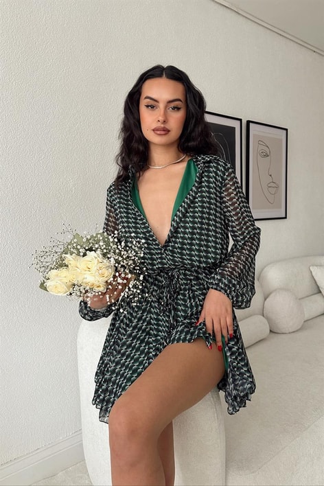 Sarmal Desen Kemerli Elbise Yeşil