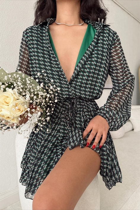 Sarmal Desen Kemerli Elbise Yeşil