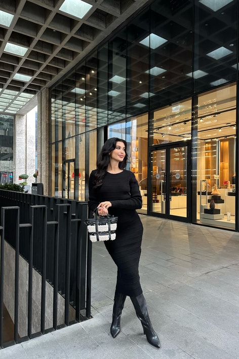 Şerit Triko Midi Elbise Siyah