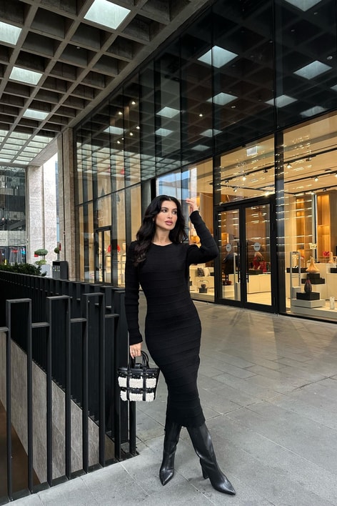 Şerit Triko Midi Elbise Siyah