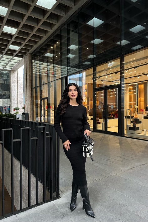 Şerit Triko Midi Elbise Siyah