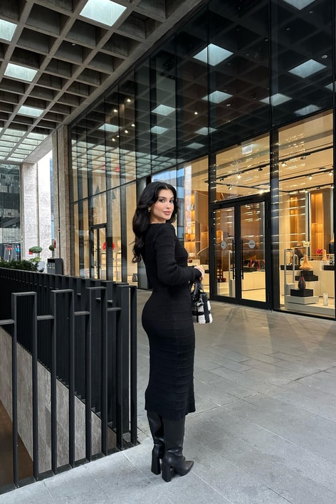 Şerit Triko Midi Elbise Siyah