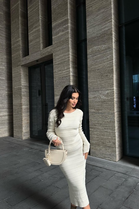 Şerit Triko Midi Elbise Taş