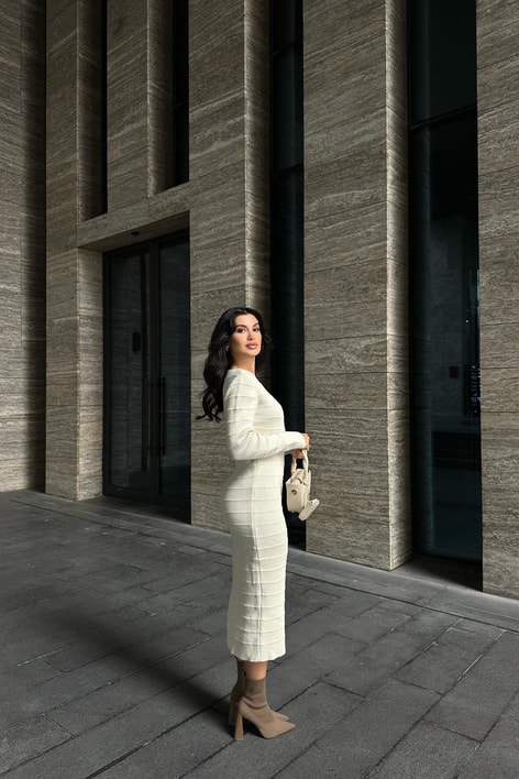 Şerit Triko Midi Elbise Taş