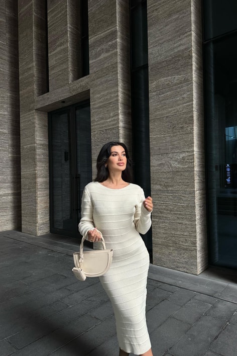 Şerit Triko Midi Elbise Taş