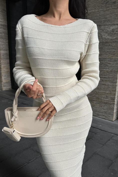 Şerit Triko Midi Elbise Taş