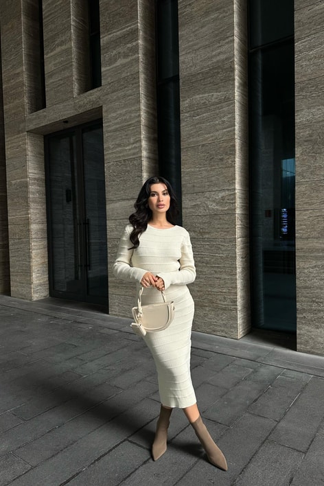 Şerit Triko Midi Elbise Taş