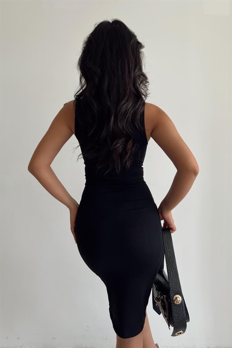 Sıfır Kol Bas,c Yırtmaçlı Elbise Siyah